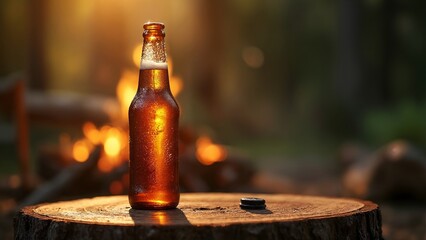 A brown beer bottle sitting on top of a tree stump.