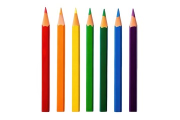 Seven sharpened colored pencils arranged in a straight row on a white background.