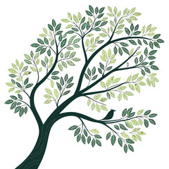 A stylized tree with green leaves and a bird perched on a branch stands out against a white background, isolated on white background