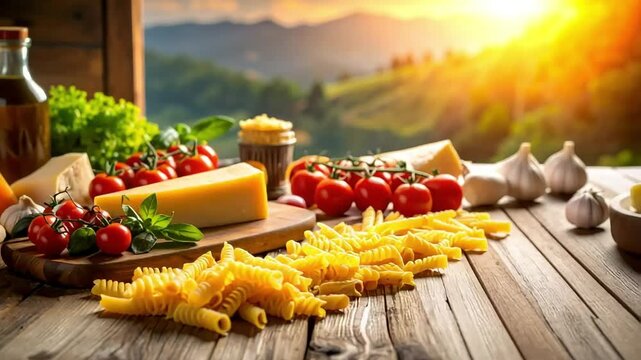 Delicious Pasta and Fresh Ingredients Spread on a Rustic Wooden Table with Beautiful Sunset
