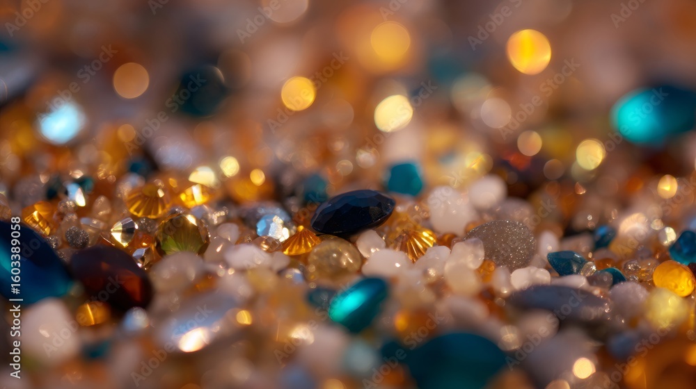 Poster a variety of colorful gemstones and crystals scattered on a surface with sparkling bokeh lights in t