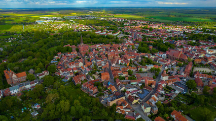 Aerial view of the city Salzwedel in Germany on a sunny day in spring.