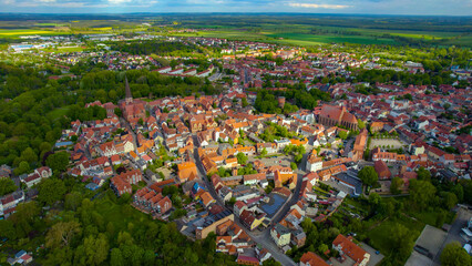 Aerial view of the city Salzwedel in Germany on a sunny day in spring.
