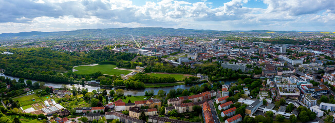 Aerial view of the old town of the city Kassel in Germany on a sunny spring day