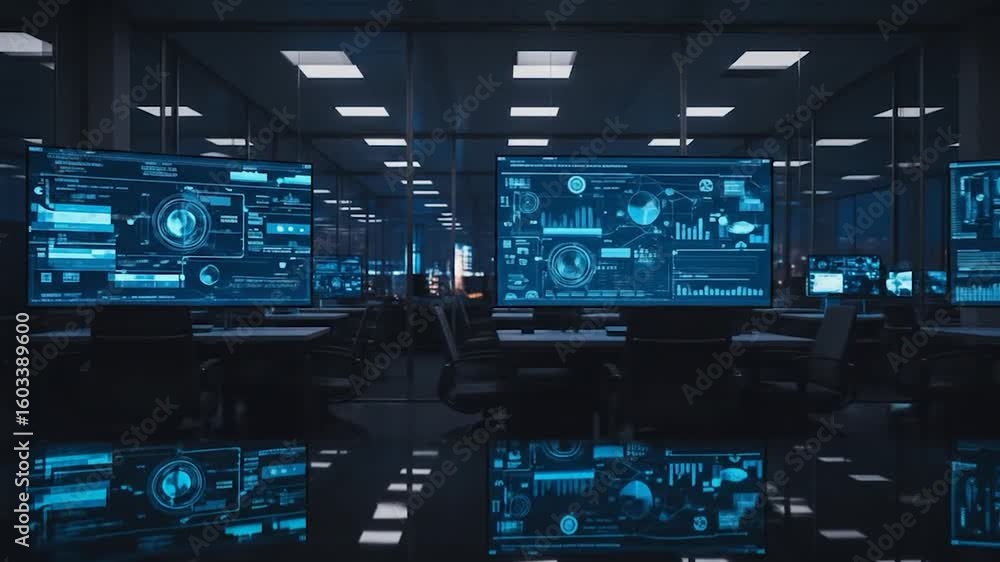 Aufkleber futuristic control room with glowing screens displaying data and reflections