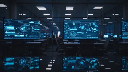 Futuristic Control Room with Glowing Screens Displaying Data and Reflections - Powered by Adobe