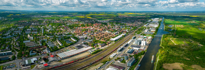 Aerial view of the old town of the city Wolfsburg-Fallersleben-Sülfeld in Germany on a sunny spring day