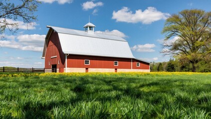 A classic red American barn with a white l roof stands in a lush green field of yellow wildflowers on a beautiful sunny spring day