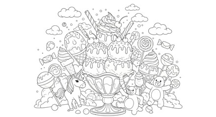 Fototapeta premium Drawing to paint coloring page ice cream sundae with unicorn and teddy bears for kids and adults fun activity relaxation vector