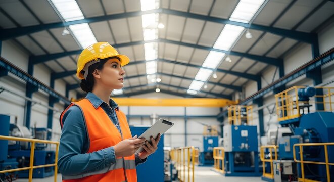 A female industrial worker, wearing a safety helmet and vest, attentively reviews data on a tablet inside a large factory.