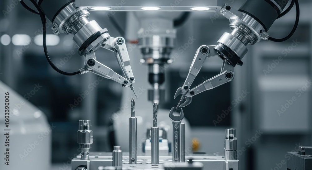 Aufkleber closeup of robotic grippers handling precision tools in an automated manufacturing environment.