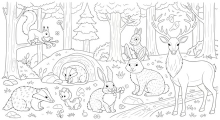 Fototapeta premium Drawing to paint forest animals coloring page for kids and adults with deer rabbit squirrel badger and birds to print vector