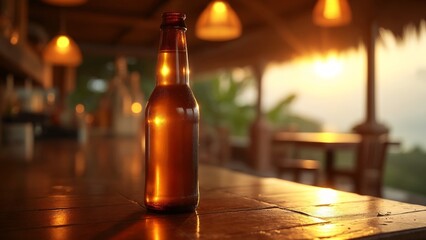 A brown beer bottle sitting on top of a wooden table.