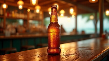 A brown glass bottle sitting on top of a wooden table.