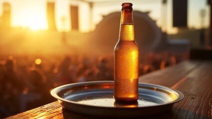 A beer bottle sitting on top of a metal plate on a wooden table.