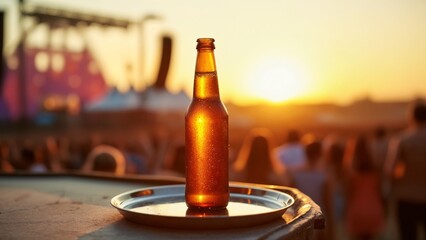 A beer bottle sitting on top of a metal tray.