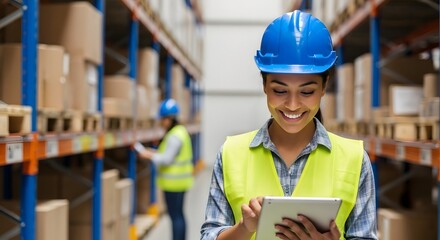 Smiling warehouse worker uses tablet computer while colleague works in background.