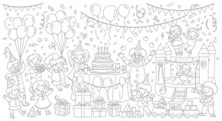 Drawing to paint birthday party coloring page with kids, clown, cake, gifts, balloons, and bouncy castle illustration art vector