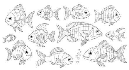 Drawing to paint downloadable fish coloring page for kids and adults, printable fish outline art activity sheet, fun art therapy vector