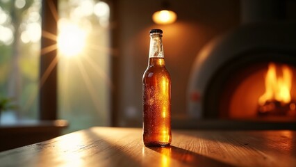 A brown glass bottle sitting on top of a wooden table.