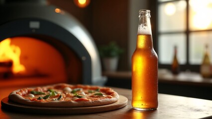 A glass of beer next to a pizza on a wooden table.