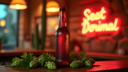 A bottle of beer sitting on top of a wooden table.