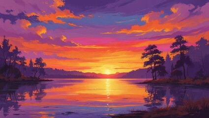 Colorful sunset over a tranquil lake.
