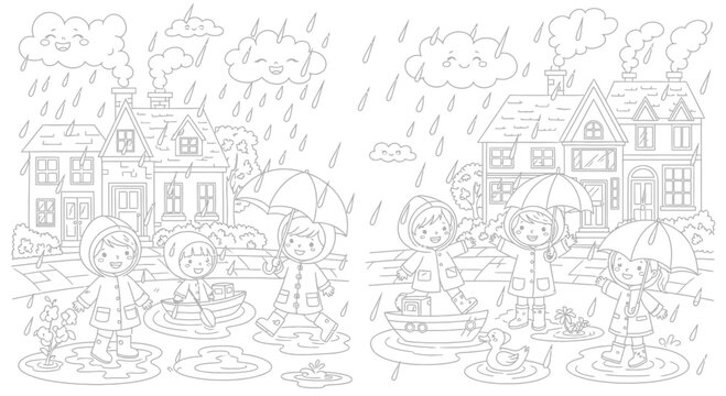 Drawing to paint coloring page of children playing in the rain with umbrellas and boats in a rainy day scene drawing vector