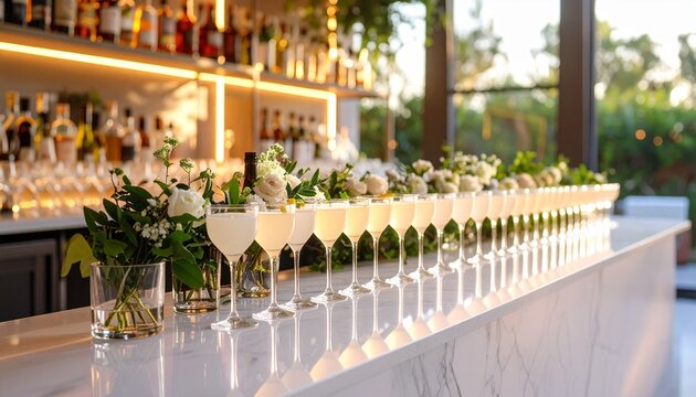 Elegant cocktail glasses lined up on a marble bar top adorned with floral arrangements, with blurred bar and outdoor background setting a sophisticated ambiance.
