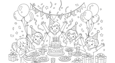 Drawing to paint birthday party coloring page for kids with cake balloons and gifts vector illustration printable activity vector