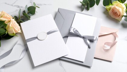 Elegant stationery mockup featuring blank cards, silver ribbon, and floral decorations on a marble surface, ideal for wedding invitations or personalized greetings.