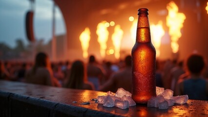 A beer bottle sitting on top of a cement wall.