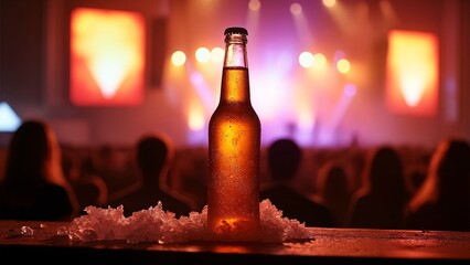 A bottle of beer sitting on top of a table covered in ice.