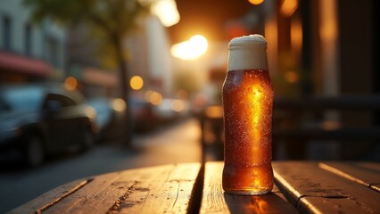 A glass of beer sitting on top of a wooden table.