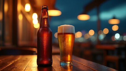 A glass of beer sitting on top of a wooden table.