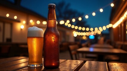 A glass of beer next to a bottle of beer on a wooden table.