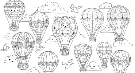 Drawing to paint hot air balloon coloring page for kids and adults with cute animals and cloud designs line art vector vector