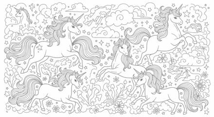 Drawing to paint unicorn coloring page for kids and adults, magical creatures line art, mythical animals, fantasy art, unicorns vector
