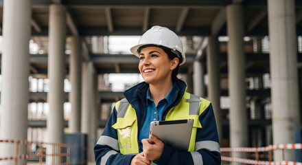 A smiling female engineer in a hard hat holding a tablet, inspecting a construction site.