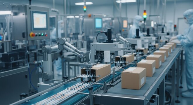 Wideangle view of automated packaging and labeling conveyor belt in sterile pharma manufacturing plant.