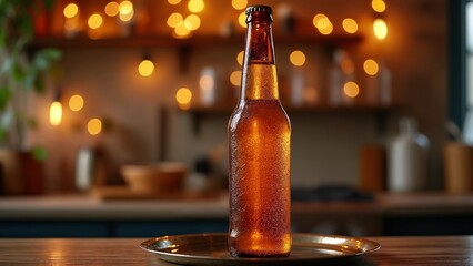 A brown glass bottle sitting on top of a metal tray.