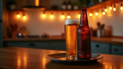 A glass of beer sitting on top of a metal tray.