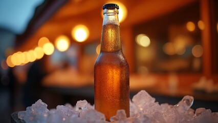 A brown beer bottle sitting on top of a pile of ice.