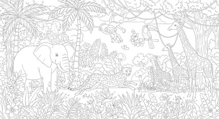 Naklejka premium Drawing to paint jungle animals coloring page for kids and adults featuring elephant giraffe monkey toucan and cheetah line art vector