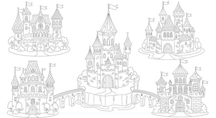 Drawing to paint coloring pages for kids and adults featuring beautiful castle illustrations and fantasy kingdom designs art line vector