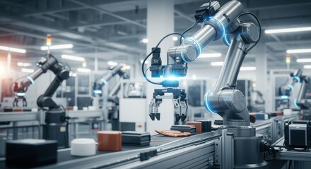 AIpowered robotic system inspecting and sorting products on a smart factory production line.