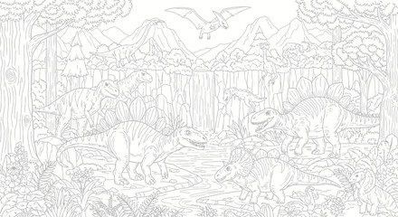 Obraz premium Drawing to paint dinosaur coloring page for kids and adults with stegosaurus triceratops and pterodactyl line art drawing vector