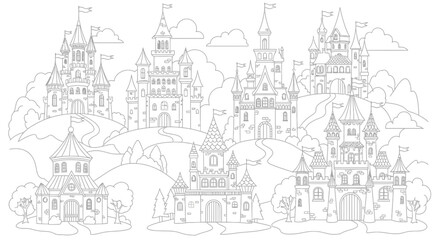 Fototapeta premium Drawing to paint detailed line art of fantasy castles on hills coloring page for adults and kids printable activity sheet vector