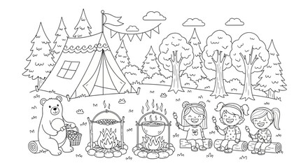 Drawing to paint camping coloring page for kids with bear tent campfire marshmallows and happy children in the forest scene vector