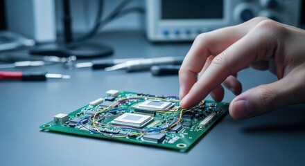Hand exploring intricate wiring and silicon structures of microelectronic device in controlled workspace.